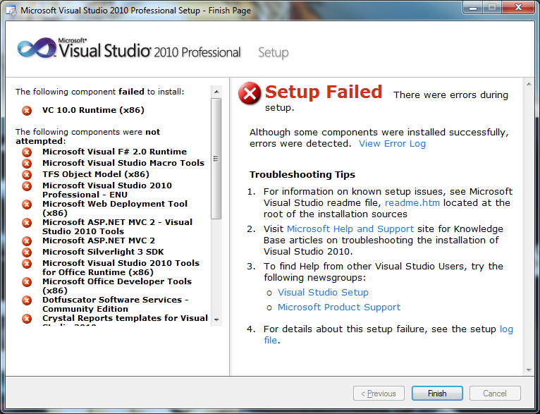 Visual Studio 10 Professional Setup Failed